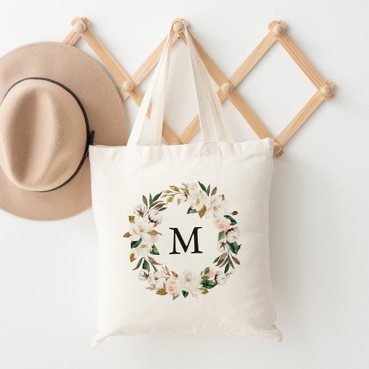 Elegante Roze Bloem en Witte Magnolia's Monogram Tote Bag