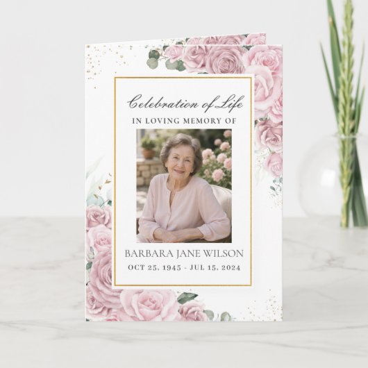 Elegante Roze Bloem Foto Rouw Herdenking Programma (Voorkant)