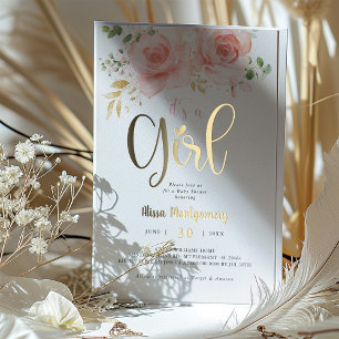 Elegante Roze Bloem Goud Folie Meisje Baby Shower Uitnodiging