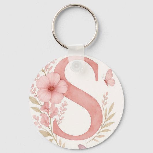 Elegante Roze Bloem Letter S Monogram Sleutelhange Sleutelhanger (Voorkant)