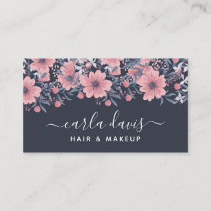 Elegante Roze Bloem Navy Waterverf Zakelijk Visitekaartje