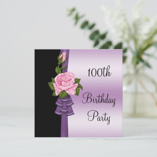 Elegante Roze Bloem & Paarse Lint 100ste Verjaarda Kaart (Staand voorkant)