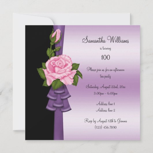 Elegante Roze Bloem & Paarse Lint 100ste Verjaarda Kaart (Achterkant)