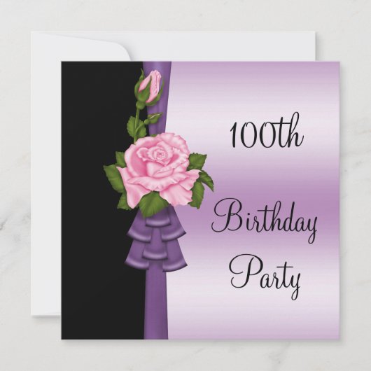 Elegante Roze Bloem & Paarse Lint 100ste Verjaarda Kaart (Voorkant)