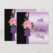 Elegante Roze Bloem & Paarse Lint 18e Verjaardag Kaart (Voorkant / Achterkant)