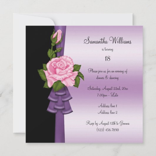 Elegante Roze Bloem & Paarse Lint 18e Verjaardag Kaart (Achterkant)
