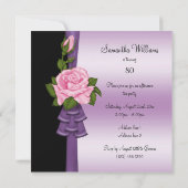 Elegante Roze Bloem & Paarse Lint 80ste Verjaardag Kaart (Achterkant)