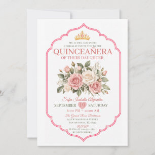 Elegante Roze Bloem Quinceañera Prinsessen Kroon Kaart