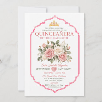 Elegante Roze Bloem Quinceañera Prinsessen Kroon Kaart