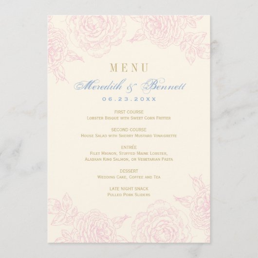 Elegante Roze Bloem Roos Rand Bruiloft Menu (Voorkant)