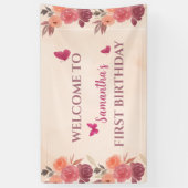 Elegante Roze Bloem Vlinder 1e Verjaardag Spandoek (Verticaal)