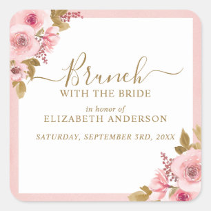 Elegante Roze Bloemachtige Bruidsontbijt Brunch Vierkante Sticker