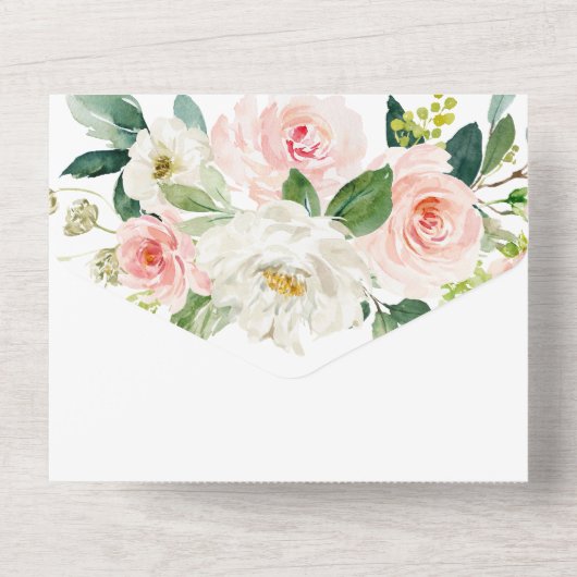 Elegante Roze Bloemachtige Bruiloft Feest All In One Uitnodiging (Achterkant)