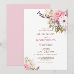 Elegante Roze Bloemachtige Bruiloft Kaart