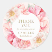 Elegante Roze Bloemachtige Bruiloftsdank je Ronde Sticker (Voorkant)