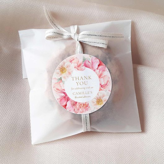 Elegante Roze Bloemachtige Bruiloftsdank je Ronde Sticker