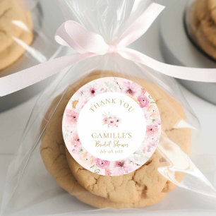 Elegante Roze Bloemachtige Bruiloftsdouche Ronde Sticker