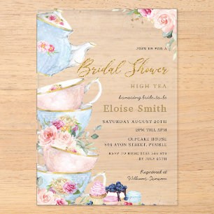 Elegante Roze Bloemachtige High Tea Party Bruidsui Acryl Uitnodigingen