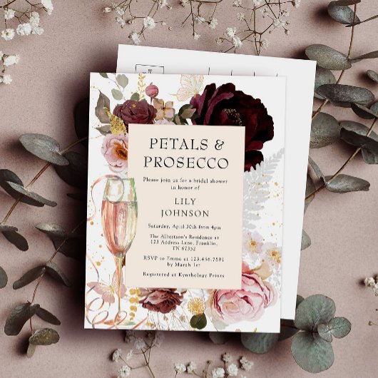 Elegante roze bloemblaadjes & Prosecco Vrijgezelle Uitnodiging Briefkaart