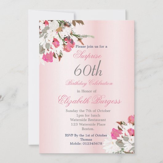 Elegante roze bloemboeket voor 60e verjaardag kaart (Voorkant)