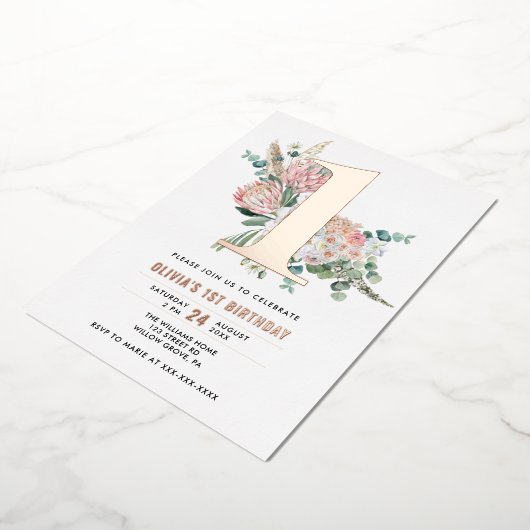 Elegante Roze Bloemen 1e Verjaardagsuitnodiging Fo Folie Uitnodiging (Gedraaid)