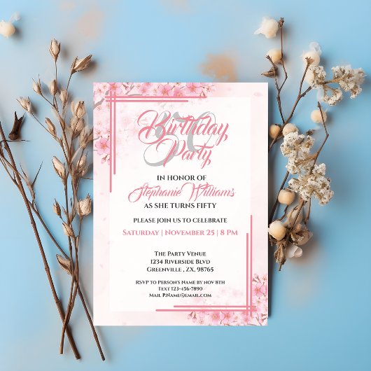 Elegante Roze Bloemen 50ste Verjaardag Vrouwen Kaart