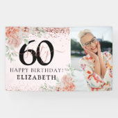 Elegante roze bloemen 60e verjaardag foto spandoek (Horizontaal)