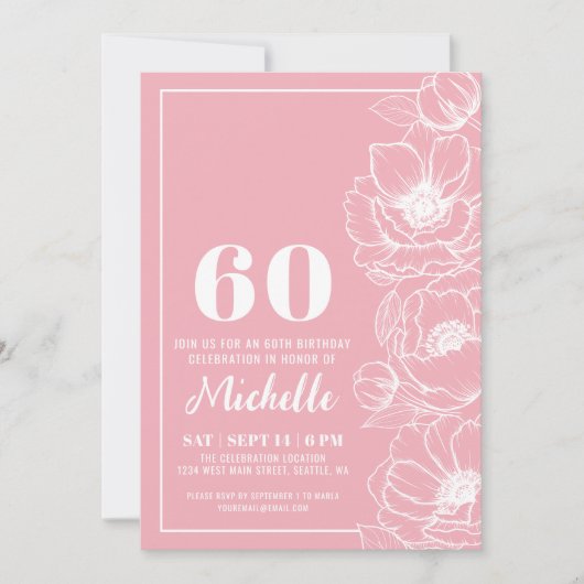 Elegante Roze Bloemen 60e Verjaardag Kaart (Voorkant)