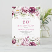 Elegante Roze Bloemen 60ste verjaardag Uitnodiging (Staand voorkant)
