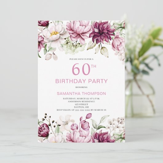 Elegante Roze Bloemen 60ste verjaardag Uitnodiging (Staand voorkant)
