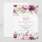 Elegante Roze Bloemen 60ste verjaardag Uitnodiging (Voorkant / Achterkant)