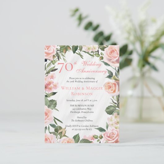 Elegante Roze Bloemen 70ste bruiloft Jubileum Part Briefkaart (Staand voorkant)