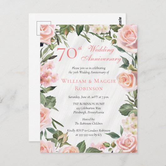 Elegante Roze Bloemen 70ste bruiloft Jubileum Part Briefkaart (Voorkant / Achterkant)