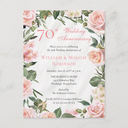 Elegante Roze Bloemen 70ste bruiloft Jubileum Part Briefkaart (Voorkant)
