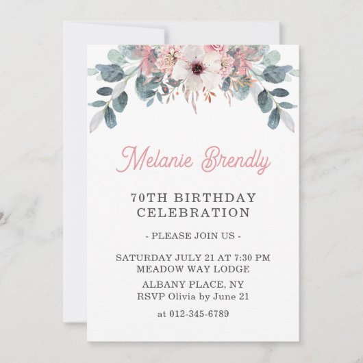 Elegante Roze Bloemen 70ste Verjaardag Uitnodiging (Voorkant)