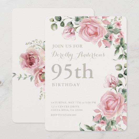 Elegante Roze Bloemen 95ste verjaardagsfeest Kaart (Voorkant / Achterkant)
