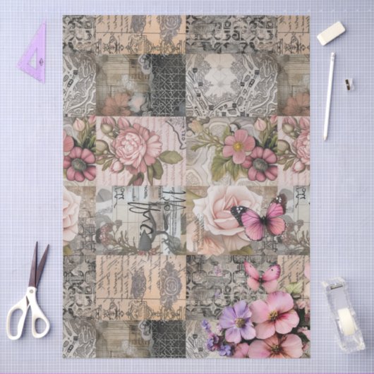 Elegante Roze Bloemen Abstracte Kunst Collage Deco Tissuepapier (Craft)