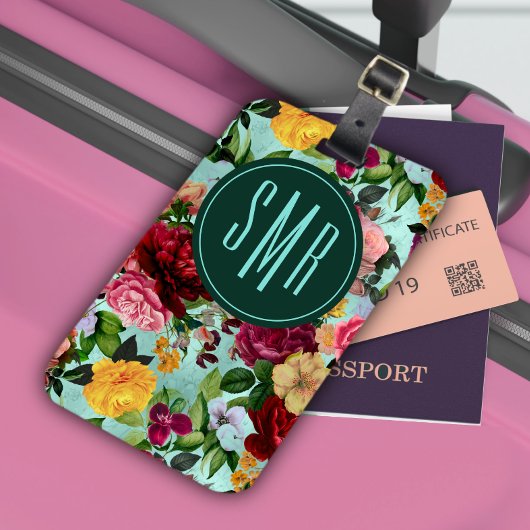 Elegante roze bloemen aqua patroon monogram bagagelabel