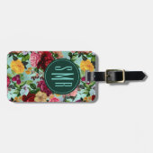 Elegante roze bloemen aqua patroon monogram bagagelabel (Voorkant horizontaal)
