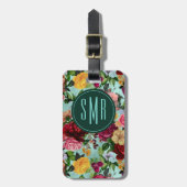 Elegante roze bloemen aqua patroon monogram bagagelabel (Voorkant verticaal)