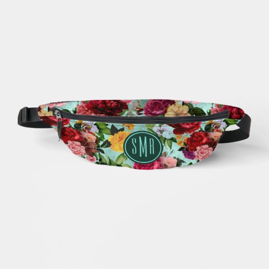 Elegante roze bloemen aqua patroon monogram bedruk heuptasje (Voorkant)