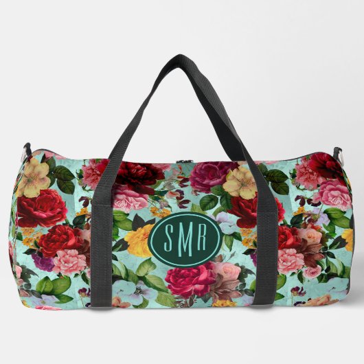 Elegante roze bloemen aqua patroon monogram bedruk plunjezak (Voorkant)