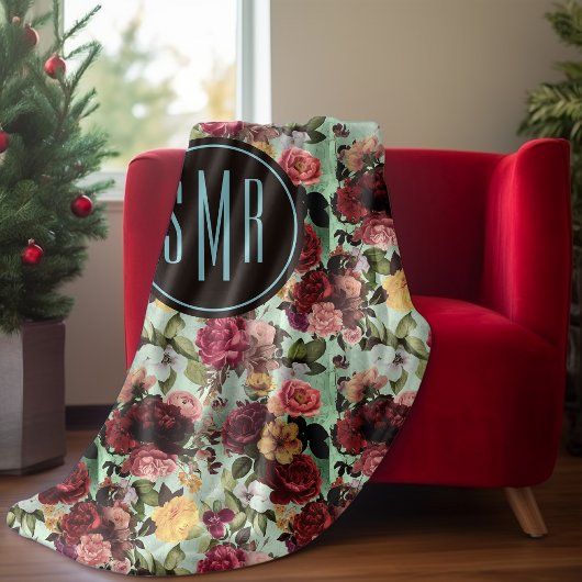Elegante roze bloemen aqua patroon monogram fleece deken