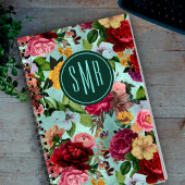 Elegante roze bloemen aqua patroon monogram notitieboek