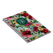 Elegante roze bloemen aqua patroon monogram notitieboek (Rechterzijde)