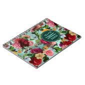 Elegante roze bloemen aqua patroon monogram notitieboek (Linkerzijde)