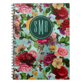 Elegante roze bloemen aqua patroon monogram notitieboek (Voorkant)