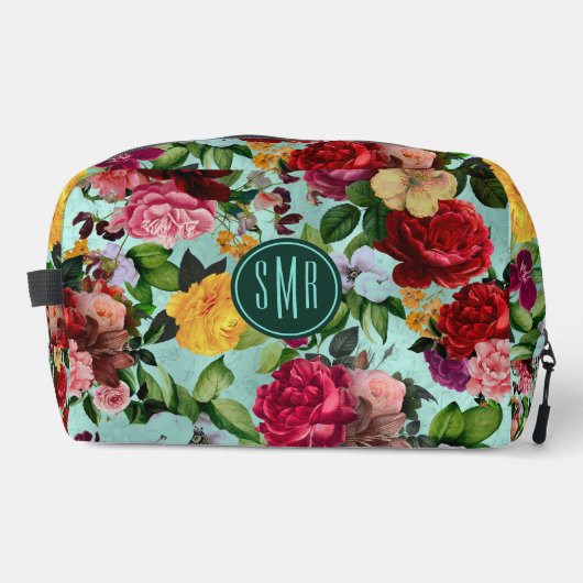 Elegante roze bloemen aqua patroon monogram toilettasje (Voorkant)