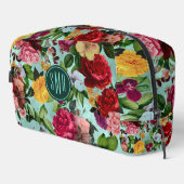 Elegante roze bloemen aqua patroon monogram toilettasje (Rechterhoek)