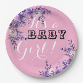 Elegante Roze Bloemen Baby Meisje Douche Party Papieren Bordje